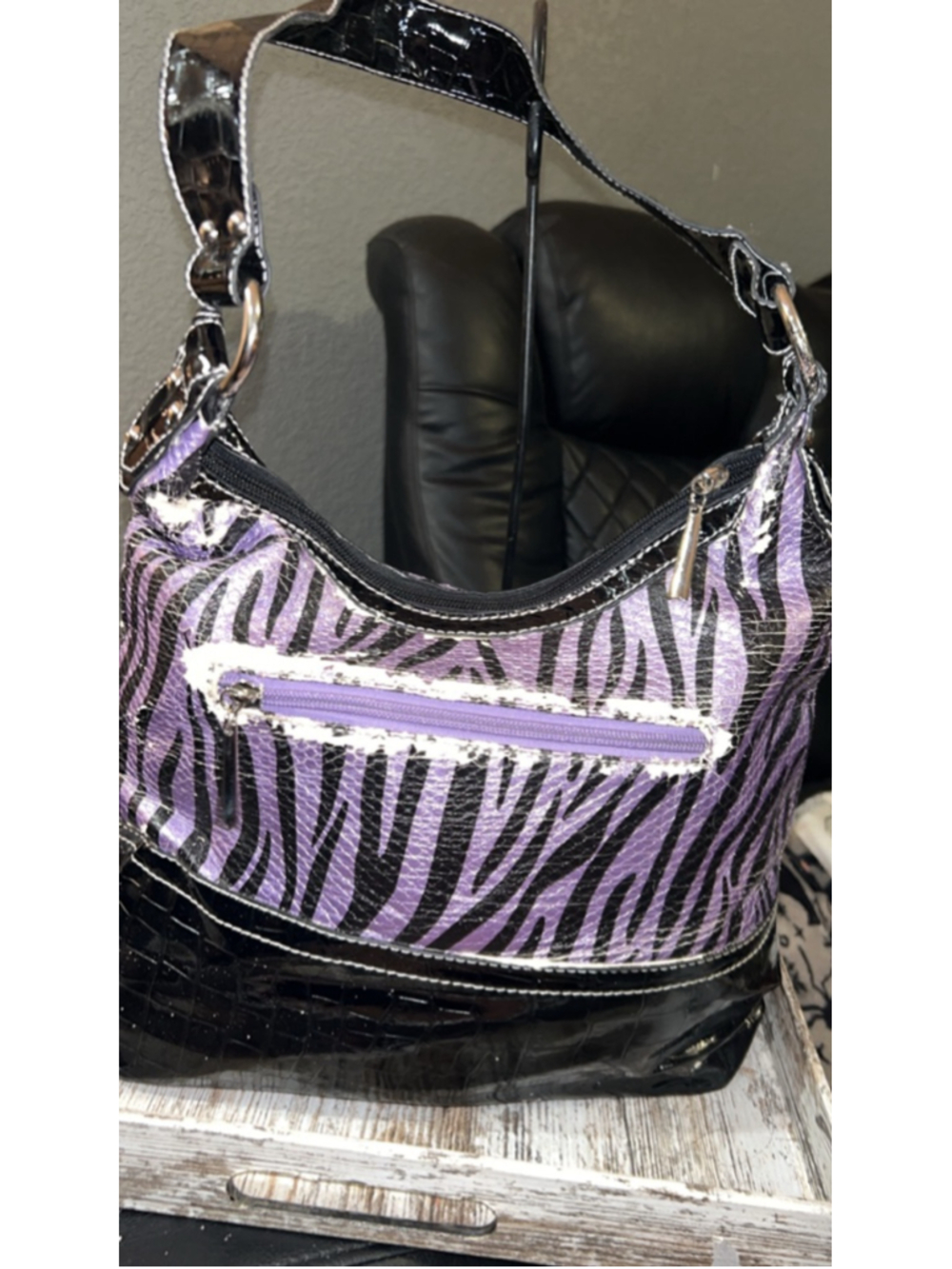 Women's Unbranded Shoulder Bag One Size Purple Black Zebra Print - Picture 4 of 8